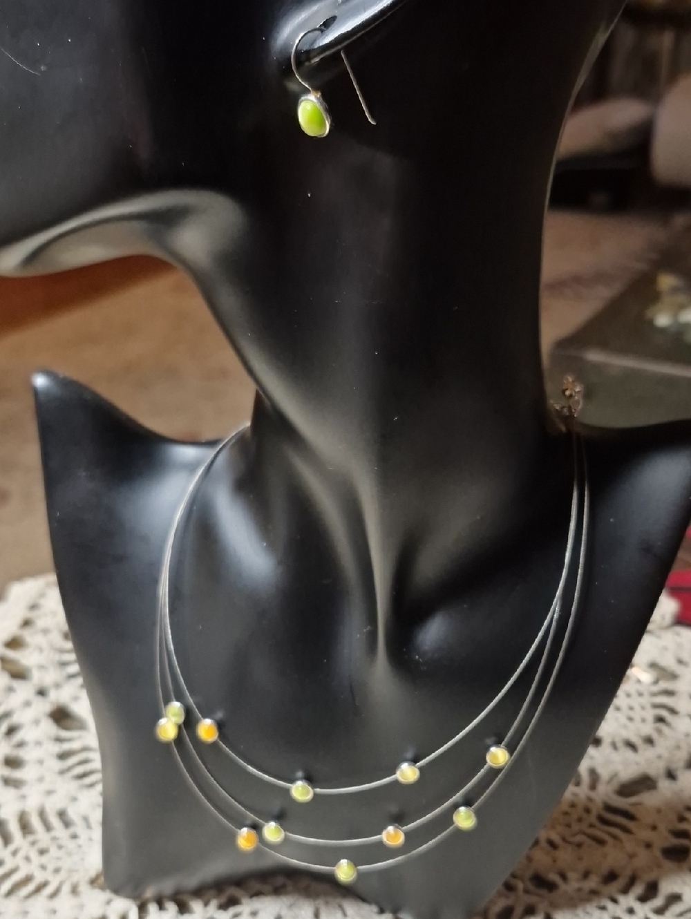 Avon Lime Green and Yellow Multi-Strand Cat's Eye Bead Necklace Set